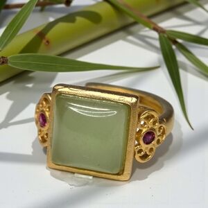 18k Matte Gold Plated Jade & Ruby Crystal Ring